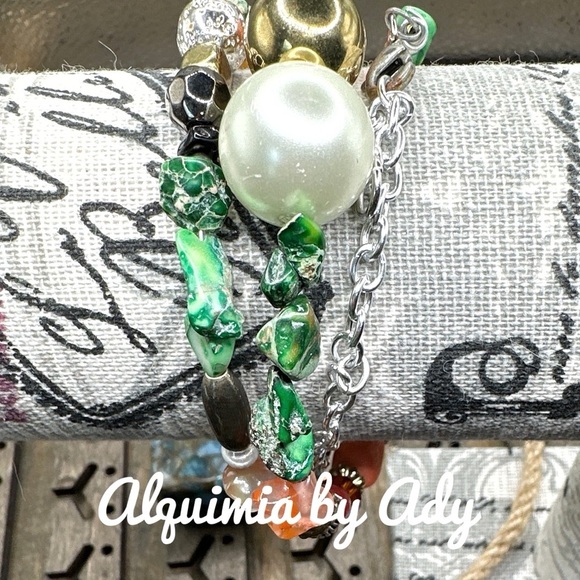 Green Turquoise layered statement beaded bracelet/ adjustable wrap around - Picture 3 of 5